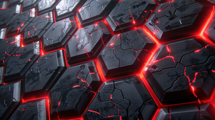 Wall Mural - hexagonal tiles, red glowing cracks, metallic and reflective surface, advanced technology theme