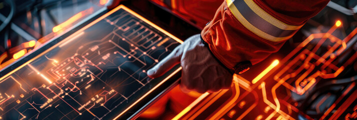 Wall Mural - A close-up image of a hand interacting with a digital interface, the screen glowing with orange lines and patterns