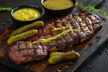 Poster - Ribeye steak with mustard sauce and pickles on dark wood