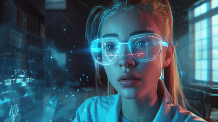 Wall Mural - A woman with blonde hair and serious expression wears futuristic glasses displaying a blue and white digital interface that she interacts with