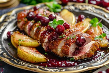 Canvas Print - Roasted duck breast with cherry sauce and pear