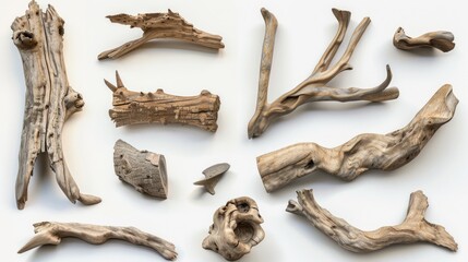 Wall Mural - A collection of driftwood pieces arranged on a white surface