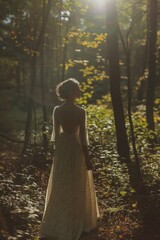 Poster - A woman in a white dress walks through a dense forest, the sunlight filtering through the trees