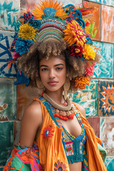 Canvas Print - A woman wearing a colorful headdress and a yellow outfit poses for a photo