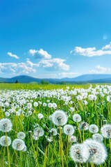 Canvas Print - Field full of white dandelions under a blue sky