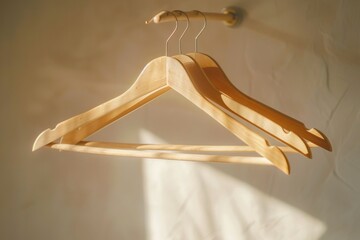 Sticker - A wooden coat hanger hangs on a wall, great for holding coats and accessories