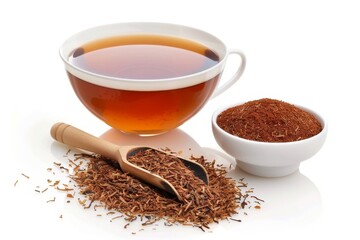 Poster - Rooibos tea isolated on white in a bowl with a scoop