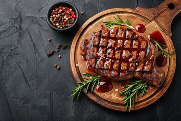 Poster - Sirloin steak with peppercorn sauce Top view on dark background