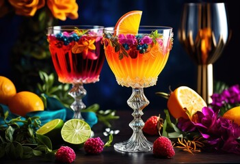 elegant cocktail glass adorned garnish, stylish, barware, decoration, sophisticated, ornate, fancy, party, alcoholic, beverages, garnished, drinks, bar