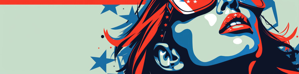 Wall Mural - A stylized illustration of a woman with red hair, wearing sunglasses, against a background of red, white, and blue colors