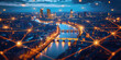 © FATNA - Abstract smart city lights by night, river bridge, network connectivity, technology, telecommunications