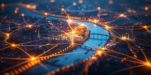 Wall Mural - Abstract smart city lights by night, river bridge, network connectivity, technology, telecommunications