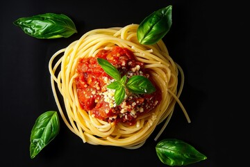 Poster - Spaghetti with tomato sauce meat basil on black surface Culinary background idea