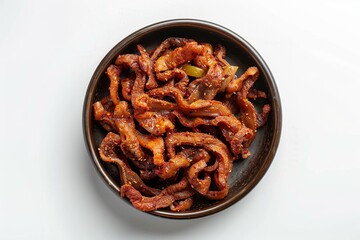 Poster - Spicy fried pork ears in a pan Top view on white background