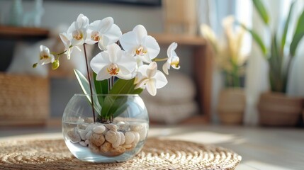 Wall Mural - minimalist home decor, a tranquil ambiance is set by a white orchid in a clear vase, complementing a new age minimalism-inspired design