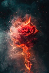 Poster - A close-up of a red rose engulfed in flames on a dark background