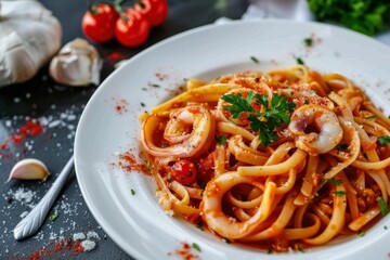 Poster - Squid linguine with cherry tomato in tomato sauce on white plate