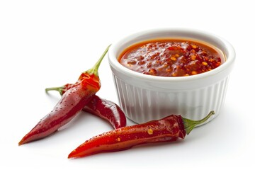 Wall Mural - Sweet chilli sauce and red chilli in a white bowl on white background