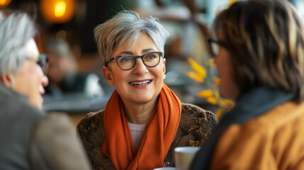Portrait of older Caucasian woman enjoying coffee with friends at coffee shop, senior active lifestyle, copy space
