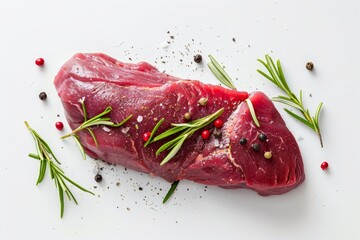 Poster - Top view of a raw beef steak on a white background