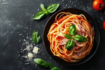 Wall Mural - Top view of classic spaghetti with tomato sauce cheese and basil looks delicious