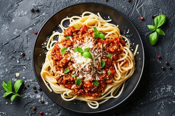 Poster - Top view of Italian spaghetti bolognese on black stone plate