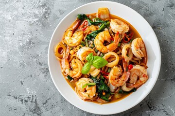 Canvas Print - Top view of Rad Na Taley fried noodles with shrimp and squid in thick gravy on white plate