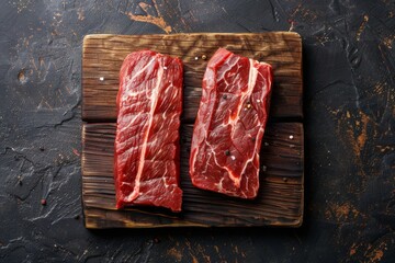 Poster - Top view of premium flank steak beef on wooden board for grilling