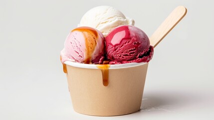 Poster - Delicious Trio of Ice Cream Scoops in a Cup with Caramel Drizzle. Close-up of creamy dessert with vanilla, strawberry, and raspberry flavors. Perfect for summer treats and food styling concepts. AI