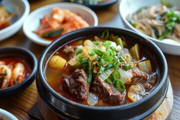 Canvas Print - Traditional Korean dishes like gomtang boiled pork and beef tail soup Salted squid and kkakdugi are popular side dishes