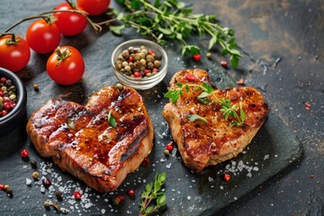 Two heart shaped pork steaks with spices on stone background Romantic dinner for Valentine s Day