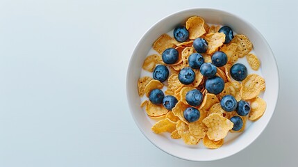 Wall Mural - A bowl of healthy breakfast cereal with fresh blueberries. Top view of a white bowl filled with crunchy cornflakes and juicy blueberries. Vibrant colors make this image ideal for food blogs