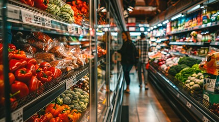 Blurry, bright interior of large supermarket with spacious layout and illumination