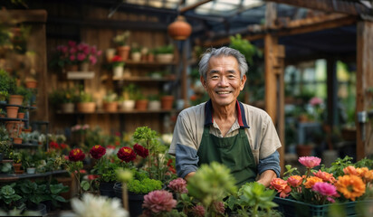 Senior adult oriental man with grey hair, florist working at plant shop, gardener owner of small business working at rustic greenhouse, successful entrepreneur smiling surrounded by flowers and plants