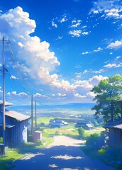 Wall Mural - Anime-Style Blue Sky with White Clouds and Central Blank Area for Text

