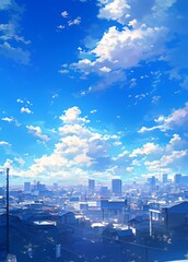 Wall Mural - anime-style blue sky with white clouds and central blank area for text
