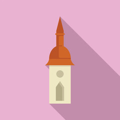 Wall Mural - Medieval building tower with red roof casting a long shadow on pink background