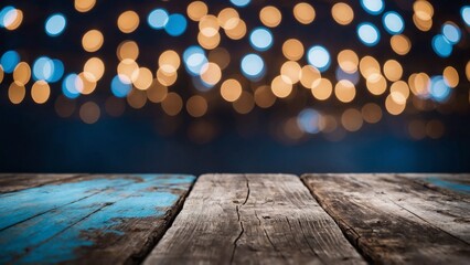 Wall Mural - Rustic wood boards with blue and gold bokeh glowing glitter lights background