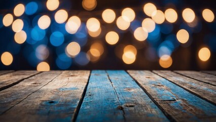 Wall Mural - Rustic wood boards with blue and gold bokeh glowing glitter lights background