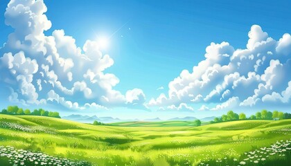 Wall Mural - Sunny Day in a Green Meadow With White Clouds, cartoon