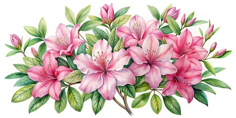 Wall Mural - Delicate hand-drawn watercolor illustration of blooming pink azalea garden flowers with lush green leaves on a white background, perfect for fabric, textile, and home decor.