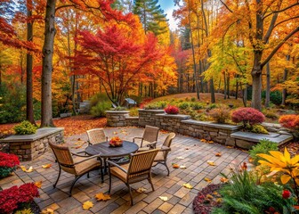 Poster - Serene backyard oasis in autumn, featuring patio pavers, rustic stone wall, vibrant fallen leaves, and stunning colorful woods creating a peaceful seasonal atmosphere.