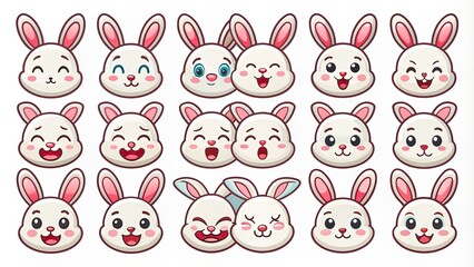 Wall Mural - Whimsical white rabbit expressions in a vibrant emoji collection for chat, featuring a set of vector illustrations in line style, perfect for digital communication.