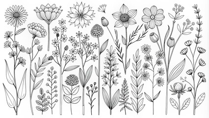 Poster - Stylized minimalist line art illustration featuring a variety of garden flowers and plants, including blooms, foliage, and branching stems, in black and white.