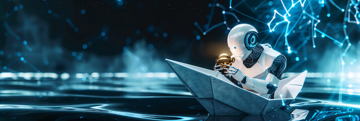 cute mascot robot with blue eyes hold golden award sitting on white paper boat sailing on water, sea, with connect dots and lines with electric discharge spark data, with black background