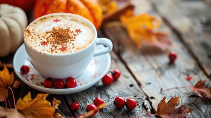 Wall Mural - Thanksgiving themed cappuccino with autumn decorations on wooden background Focus on thanksgiving concept