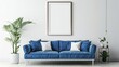 © RIZAL - Mockup frame, cozy living room with blue sofa and decor on white wall background, Generative Ai.