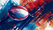 © Nemanja - Red blue and white rugby ball abstract illustration background. Sport game competition banner, league tournament match activity event poster, hobby championship wallpaper