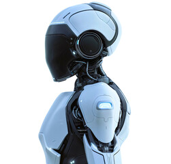 Side view 3d render of a white and black robot isolated on transparent background. Futuristic cyborg humanoid AI artificial intelligence machine design, cybernetic mechanical innovation