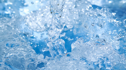 A close-up of clear, bubbling water splashing, with sparkling droplets and a blue background, capturing the dynamic movement and freshness of water in motion